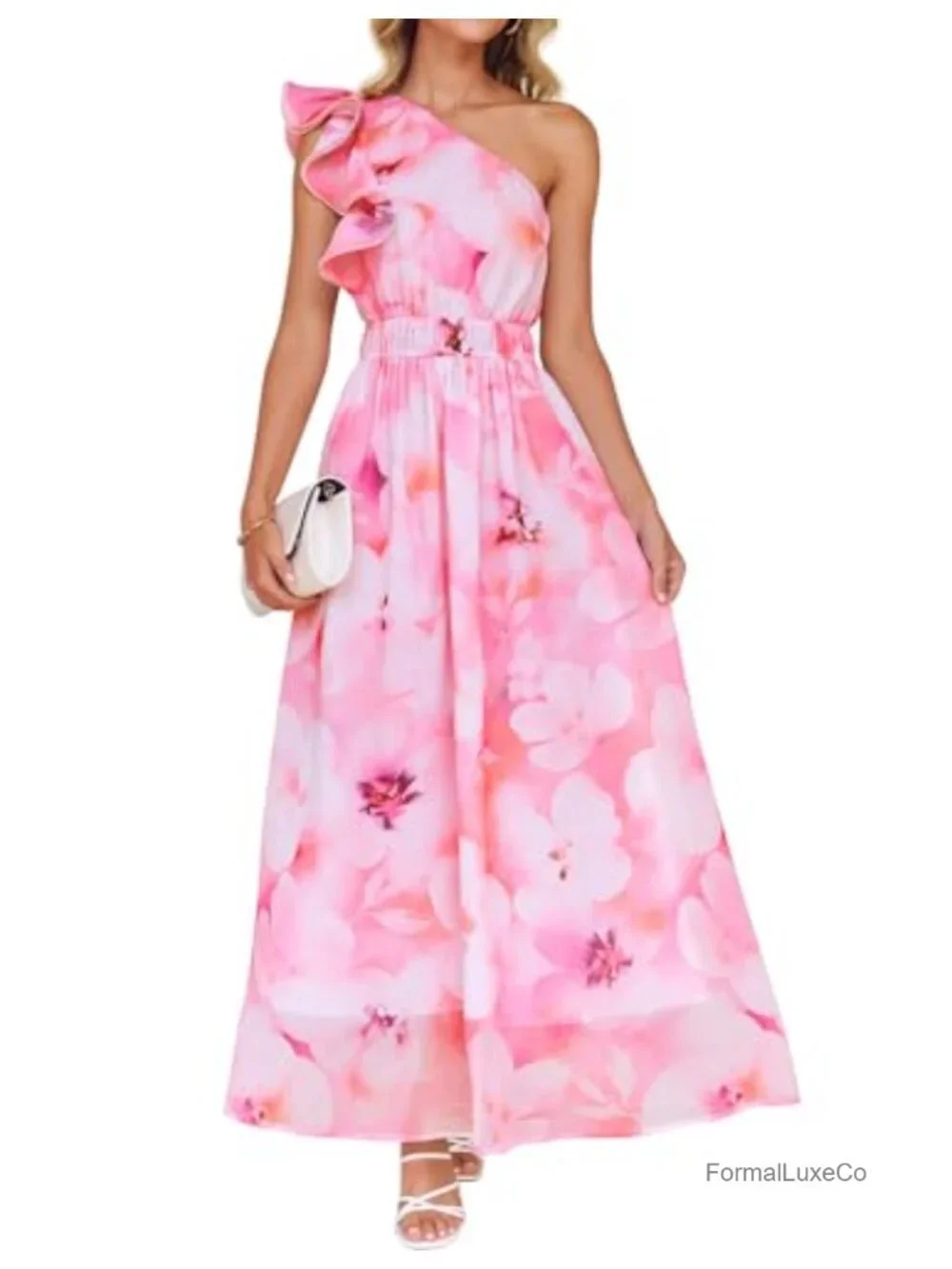 Floral Maxi Dress Sleeveless One Shoulder Ruffles High Waist Chiffon